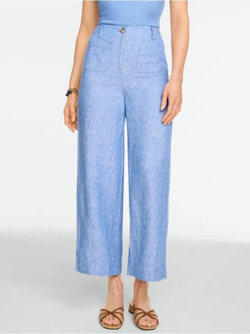 Talbots Linen Wide Leg Crop Patch Pocket Pants Womens 14WP Blue Plus Petite NEW
